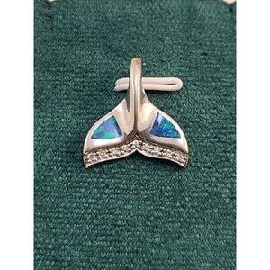 Sterling Silver Dolphin Tail Pendant Lab Opal Inlay 925 Ocean Jewelry Gift